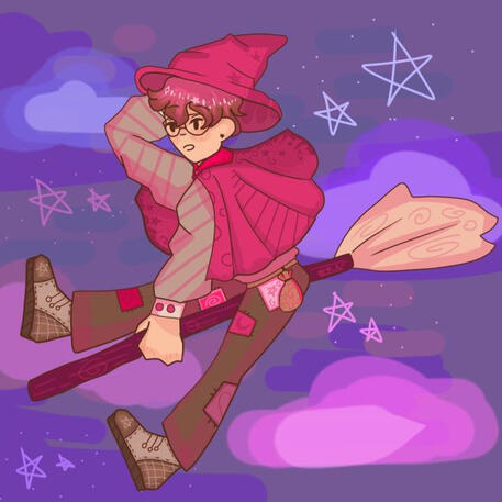 A drawing of a person with light skin and pink and brown hair. He is wearing a pink witch outfit and is riding a broom. There are patches in pink shades on their long pants, and they are wearing sneakers. In the background there is a purple sky with light