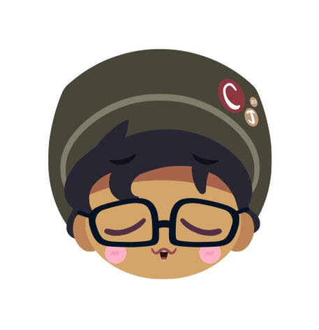 A drawing of a person's face. They have light brown skin, pink cheeks, and black hair. They are wearing a a green hat with a red patch that reads "C", a yellow patch that reads "J", and another yellow patch that reads "257". Their eyes are closed.